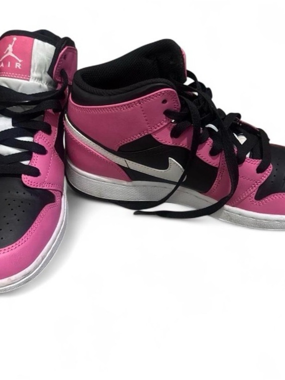 Jordan 1s Pink and Black Mid-Top Sneakers with White Swoosh